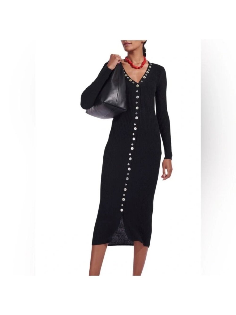 STAUD Nereus Button-front Sweater Dress‎ Black Ribbed Maxi Sweater Dress XS